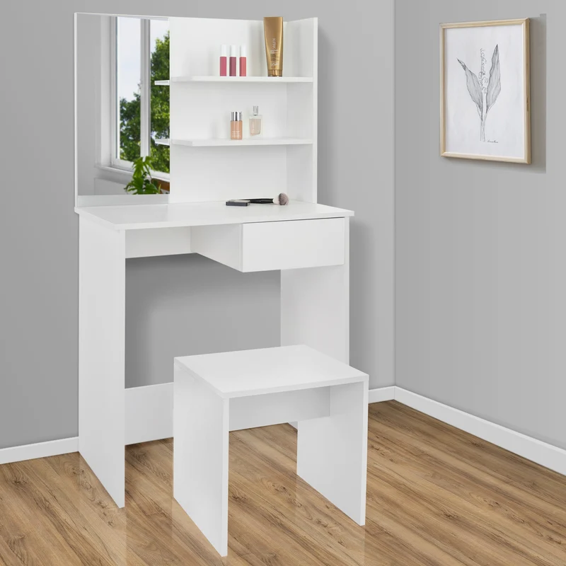 Schminktisch Frisiertisch 75x40x135 cm in Weiß mit Spiegel, Schublade, 3 Ablagen & Hocker ML-Design