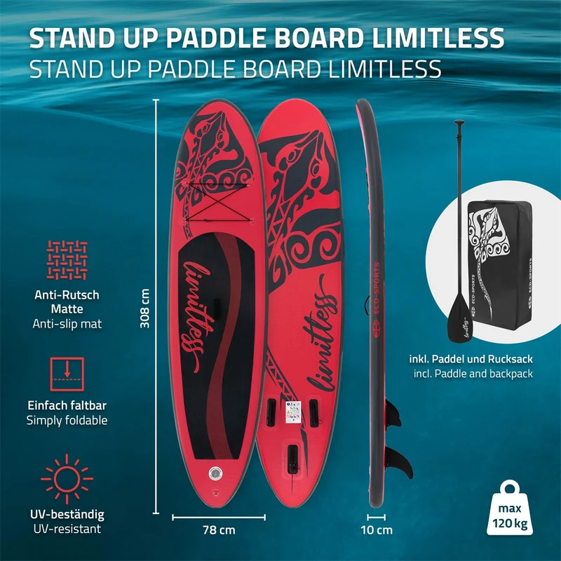 Stand Up Paddle aufblasbares SUP Board Limitless 308x78x10 in Rot aus PVC inkl. Pumpe und Tragetasche