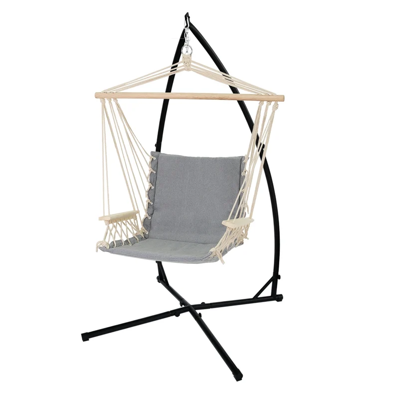 Hängesessel mit Gestell 45x100x46 cm Grau aus Baumwolle und Hartholz