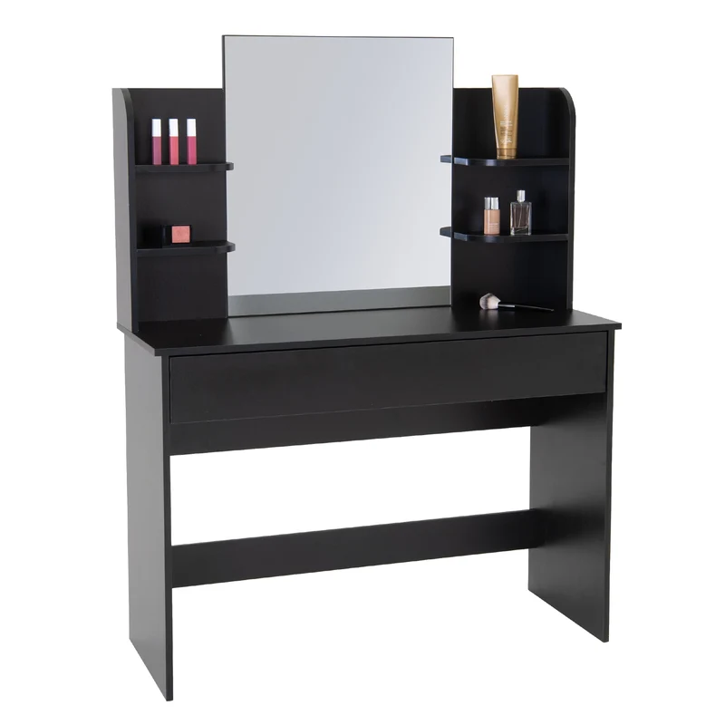 Schminktisch Frisiertisch 108x40x140 cm in Schwarz mit Spiegel, Schublade und 6 Ablagen ML-Design
