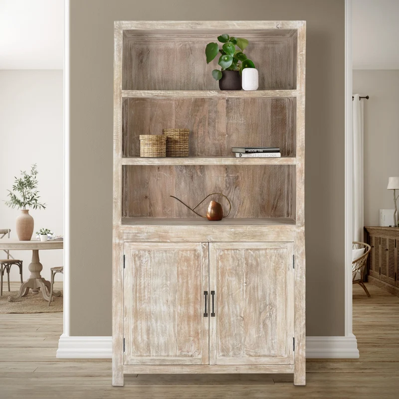 B-Ware Vitrinenschrank 110x210x45 cm Natur/Weiß aus Mangoholz WOMO-Design