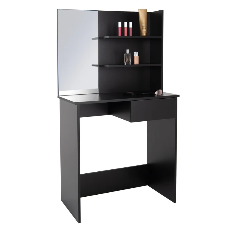 Schminktisch Frisiertisch 75x40x135 cm in Schwarz mit Spiegel, Schublade & 3 Ablagen ML-Design