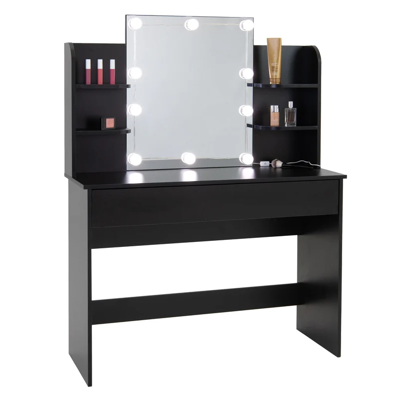 Schminktisch Frisiertisch 108x40x140 cm in Schwarz mit LED Beleuchtung, Spiegel, Schublade & 6 Ablagen ML-Design