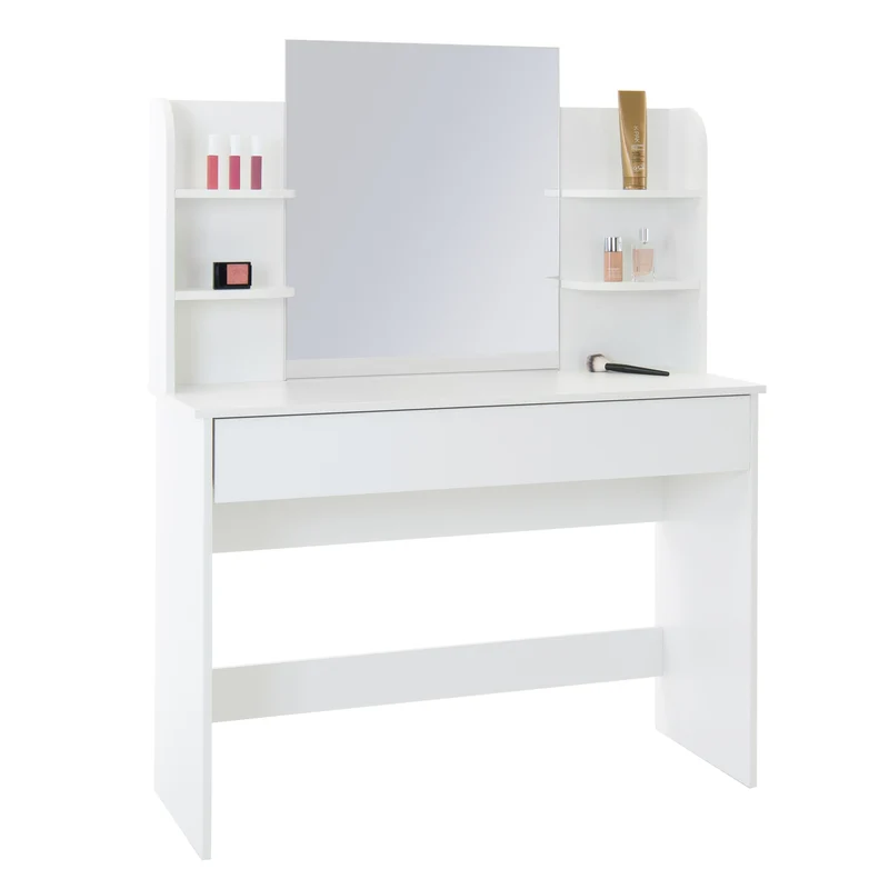 Schminktisch Frisiertisch 108x40x140 cm in Weiß mit Spiegel, Schublade und 6 Ablagen ML-Design