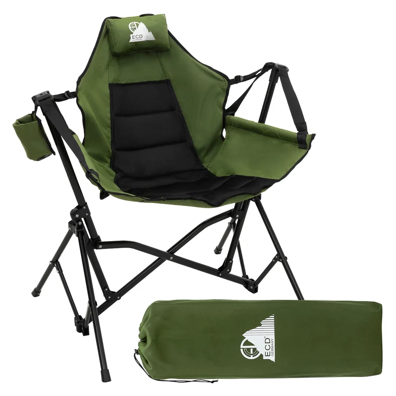 Campingstuhl faltbar, Khaki, Outdoor Klappstuhl mit Stahlgestell, Getränkehalter, Nackenkissen & Tasche, Schaukelstuhl Angelstuhl