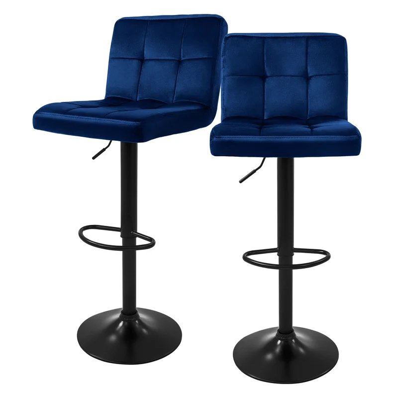 B-Ware Barhocker 2er Set Blau Samtbezug mit Rückenlehne und Fußstütze höhenverstellbar 63-83cm ML-Design
