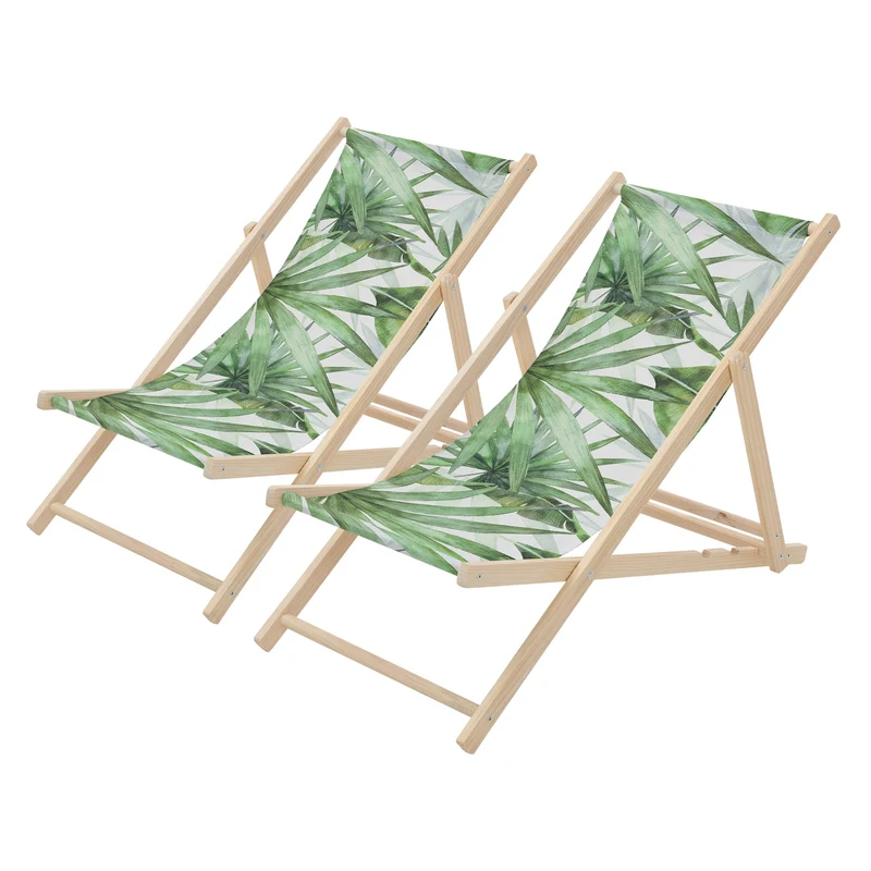 2er Set Gartenliege aus Holz in Palme Grün-Weiß klappbarer Beachstuhl Strandstuhl Strandliege Liegestuhl Sonnenliege Relaxliege