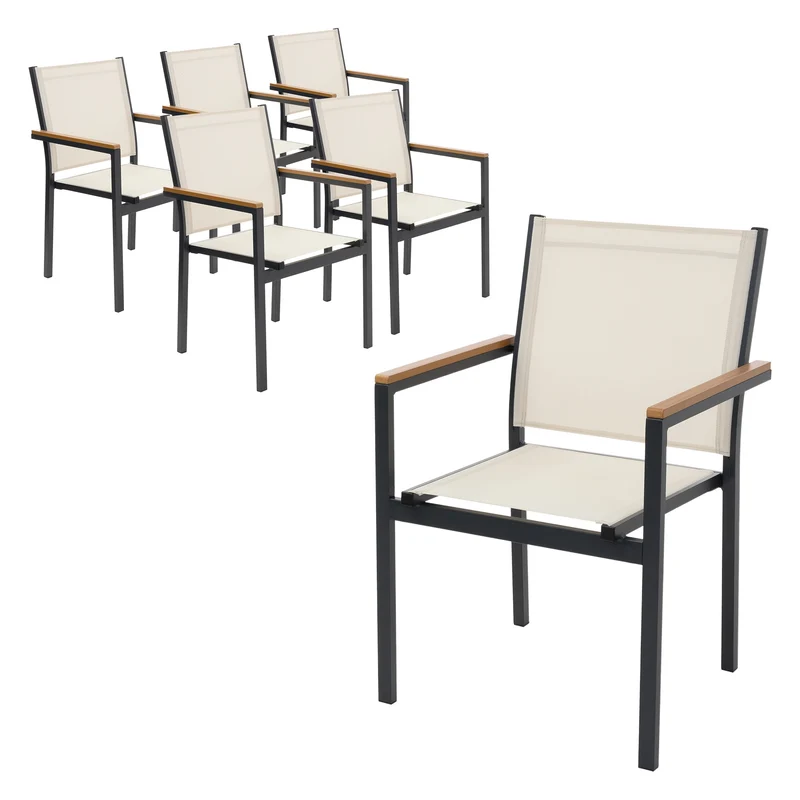 Gartenstühle 6er Set mit Armlehnen Beige aus Textilene, Balkonstuhl mit Aluminiumgestell ML-Design