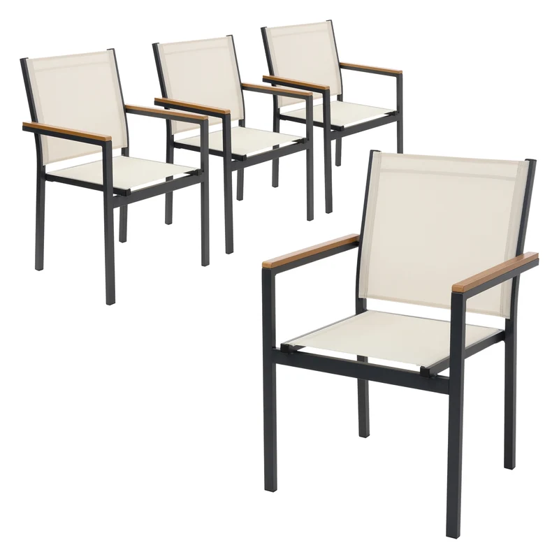 Gartenstühle 4er Set mit Armlehnen Beige aus Textilene, Balkonstuhl mit Aluminiumgestell ML-Design