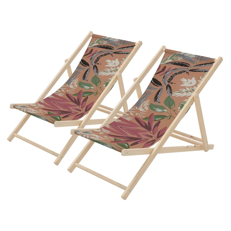 2er Set Gartenliege aus Holz in Floral Braun-Rot-Grün klappbarer Beachstuhl Strandstuhl Strandliege Liegestuhl Sonnenliege Relaxliege