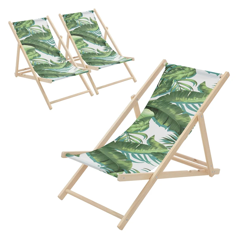 3er Set Gartenliege aus Holz in Tropical Grün-Weiß klappbarer Beachstuhl Strandstuhl Strandliege Liegestuhl Sonnenliege Relaxliege