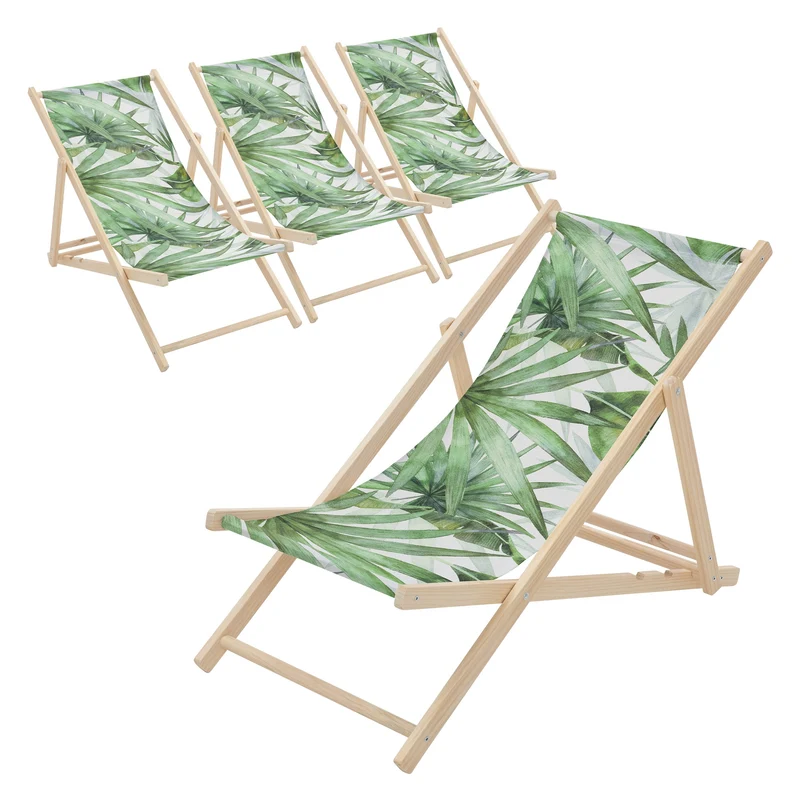 4er Set Gartenliege aus Holz in Palme Grün-Weiß klappbarer Beachstuhl Strandstuhl Strandliege Liegestuhl Sonnenliege Relaxliege