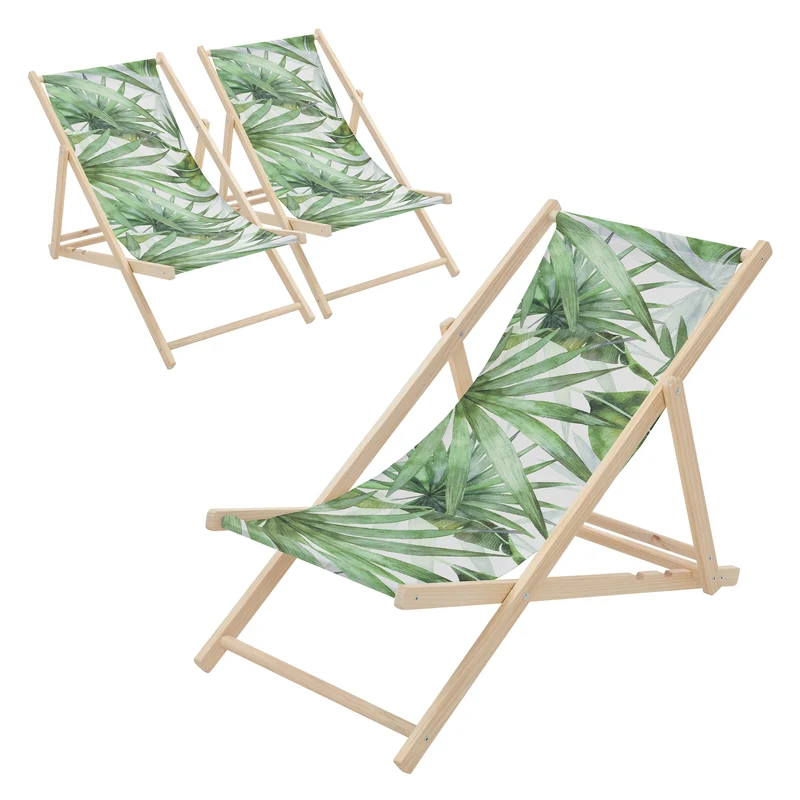 3er Set Gartenliege aus Holz in Palme Grün-Weiß klappbarer Beachstuhl Strandstuhl Strandliege Liegestuhl Sonnenliege Relaxliege