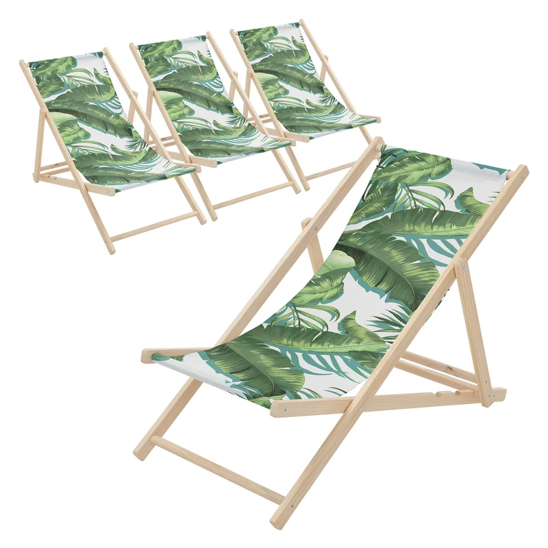 4er Set Gartenliege aus Holz in Tropical Grün-Weiß klappbarer Beachstuhl Strandstuhl Strandliege Liegestuhl Sonnenliege Relaxliege