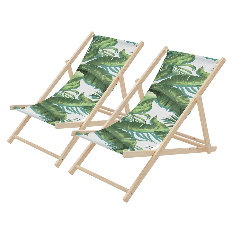 2er Set Gartenliege aus Holz in Tropical Grün-Weiß klappbarer Beachstuhl Strandstuhl Strandliege Liegestuhl Sonnenliege Relaxliege