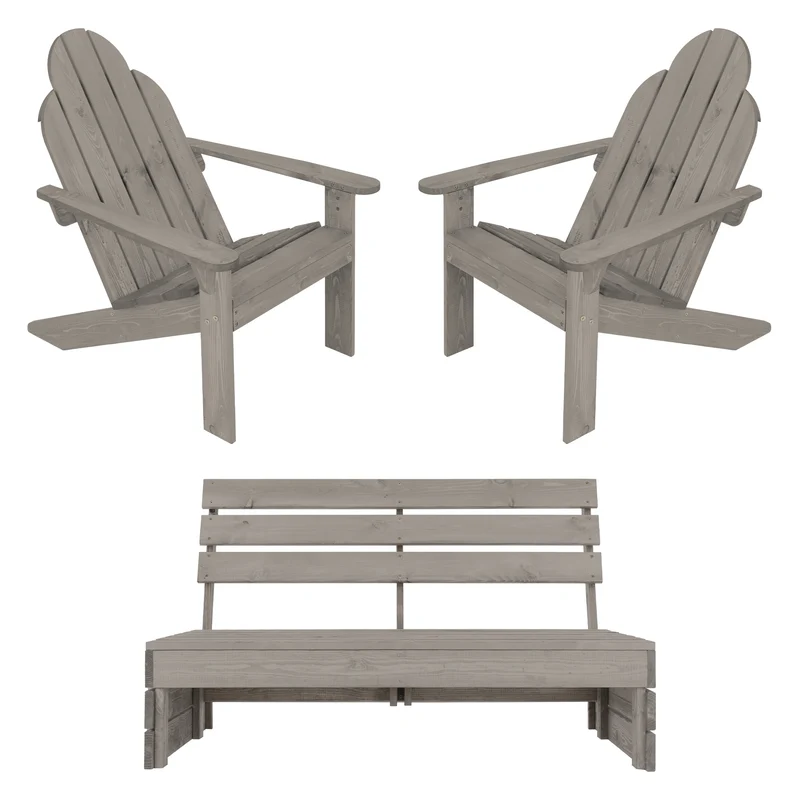 3tlg. Gartenmöbel Set Grau aus Massivholz 3-Sitzer Gartenbank 120x70x76,5 cm mit 2x Adirondack Gartenstuhl 70x89x92,5 cm ML-Design