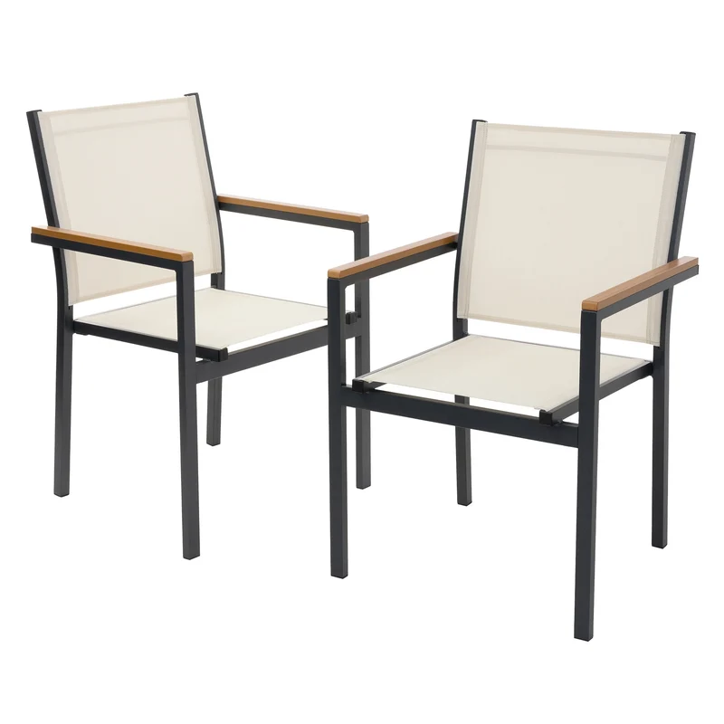 B-Ware Gartenstühle 2er Set mit Armlehnen Beige aus Textilene, Balkonstuhl mit Aluminiumgestell ML-Design