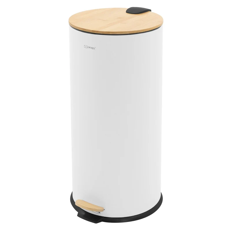 Mülleimer 30L rund mit Fußpedal, Weiß, Stahl, Treteimer mit Bambusdeckel Softclose ML-Design