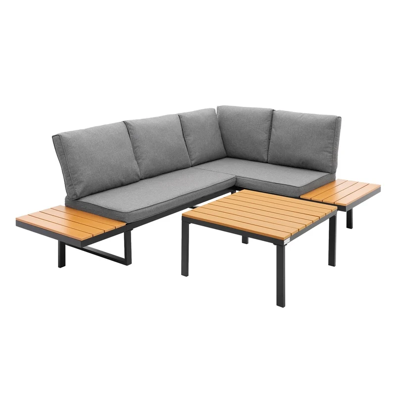 ML-Design | Gartenmöbel Set 3-Teilig für 4 Personen Grau-Holzoptik aus Stahl Loungegarnitur wetterfest Sitzgruppe frei kombinierbar