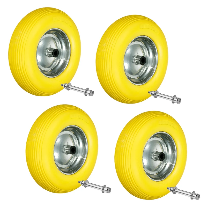 4er Set Schubkarrenrad 390 mm 4.80/4.00-8 mit Achse Gelb aus PU Vollgummi