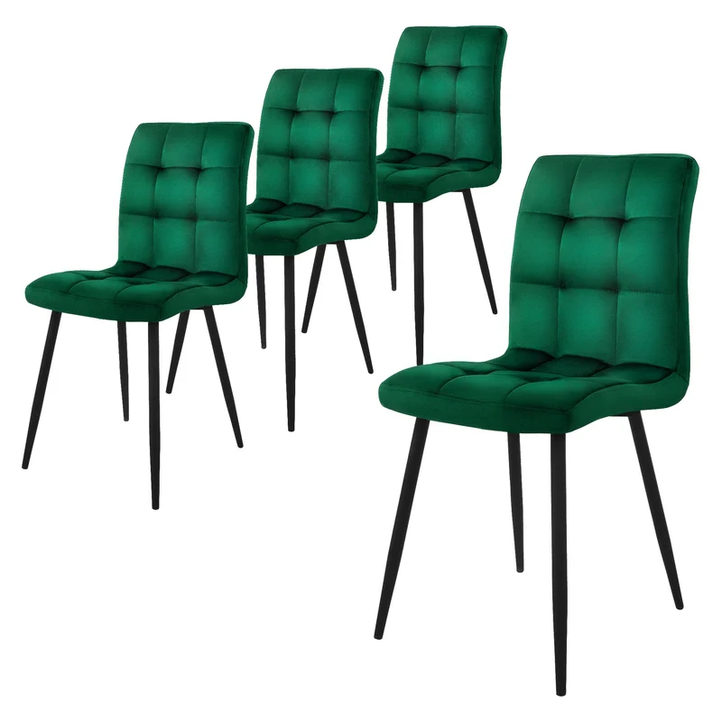 B-Ware Esszimmerstuhl 4er Set Große Quadrat Steppung Dunkelgrün Samtbezug mit Metallbeinen inkl. Montagematerial ML-Design