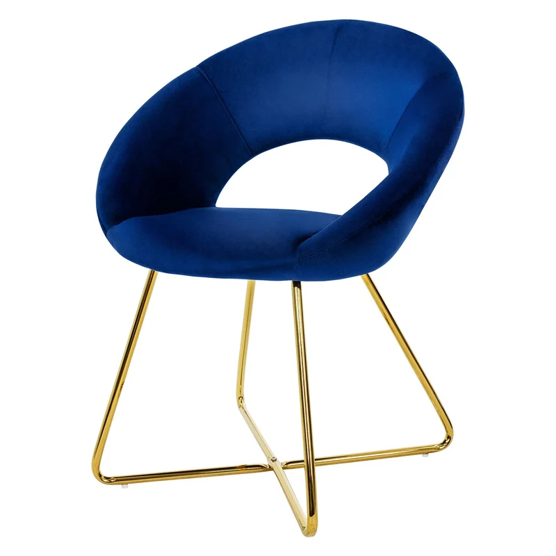 B-Ware Esszimmerstuhl mit runder offener Rückenlehne Blau aus Samt mit goldenen Metallbeinen ML-Design