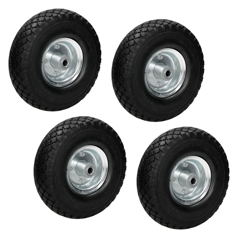 4er Set Schubkarrenrad Ø 260x85 mm / 3.00-4 Schwarz mit Kugellager und Stahfelge aus PU Vollgummi