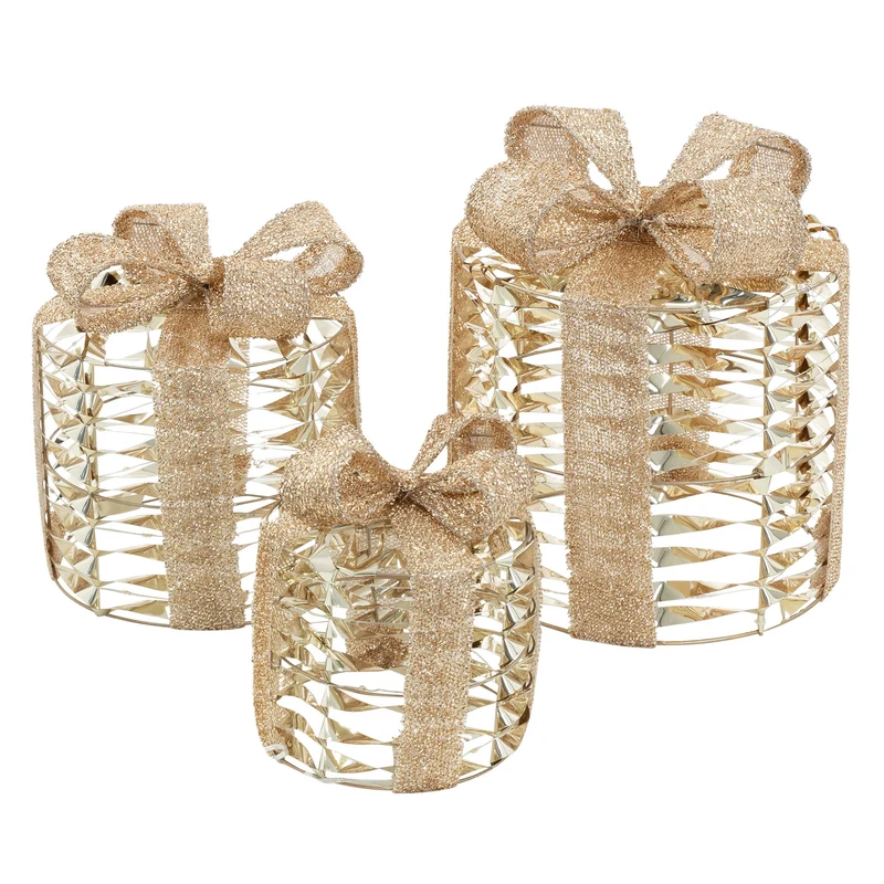 3er Set LED Weihnachtsgeschenkboxen Gold Warmweiß batteriebetrieben mit Timer