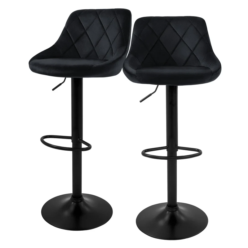 B-Ware Barhocker 2er Set Schwarz Samtbezug mit Rückenlehne und Fußstütze höhenverstellbar 62-82cm ML-Design