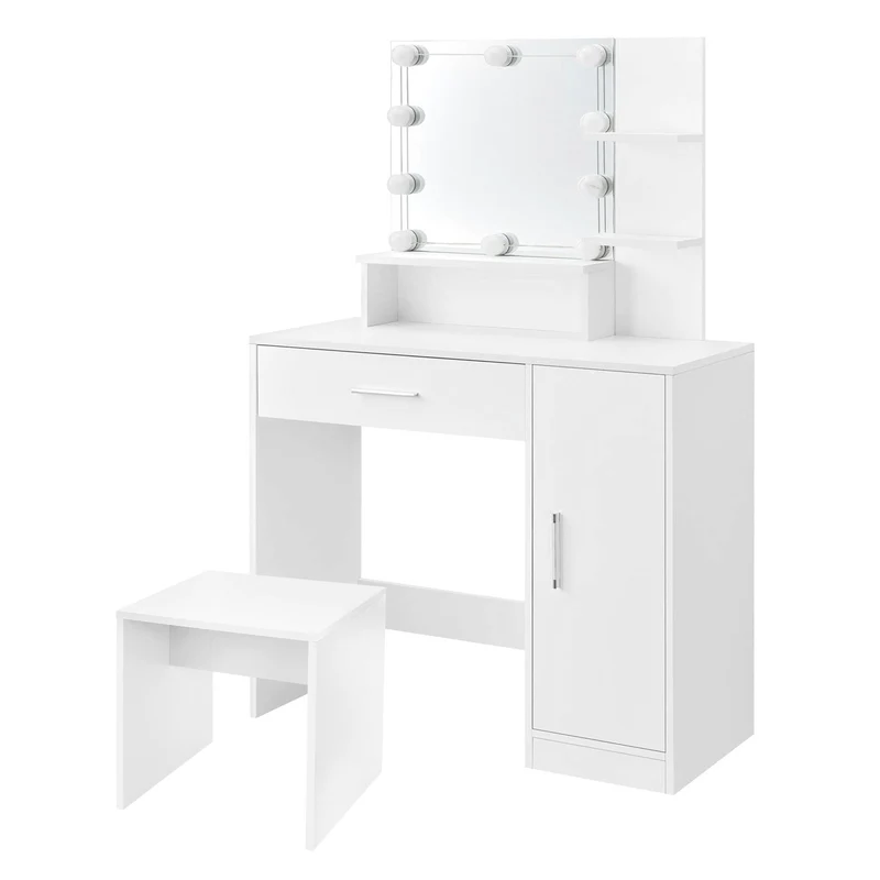 Schminktisch Frisiertisch 90x38x137 cm in Weiß mit LED Beleuchtung, Spiegel, Schublade, Schrank & Hocker ML-Design