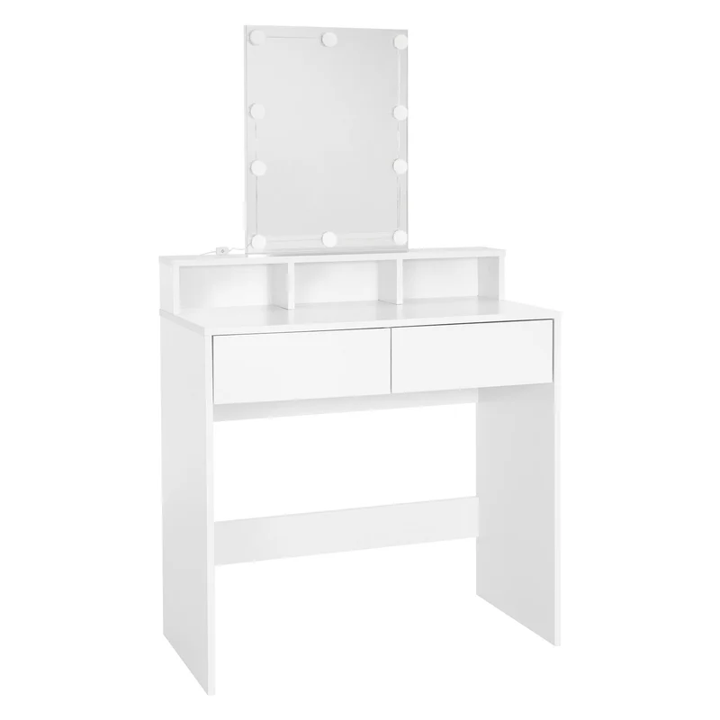 Schminktisch Frisiertisch 80x40x140 cm in Weiß mit LED-Beleuchtung, Spiegel, 2 Schubladen & 3 Fächer ML-Design