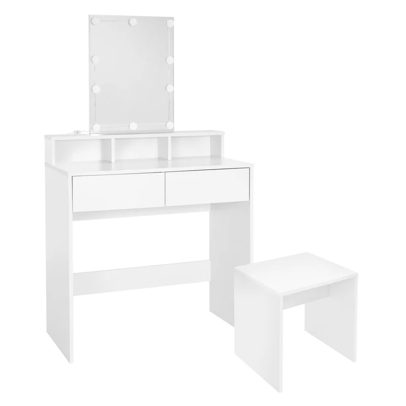 Schminktisch Frisiertisch 80x40x140 cm in Weiß mit LED-Beleuchtung, Spiegel, 2 Schubladen & Hocker ML-Design