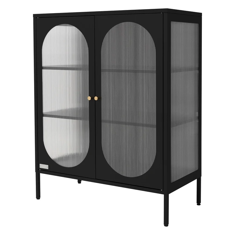 Vitrinenschrank doppeltürig 80x102,5x40 cm Vitrine mit 2 Einlegeböden Schwarz aus Stahl ML-Design