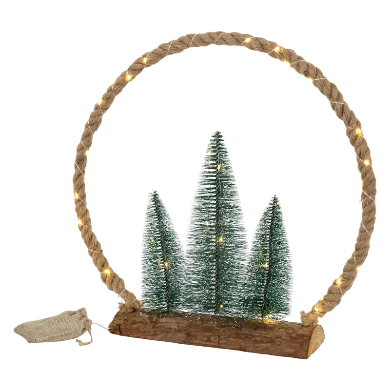LED Jute Kreis 45x45x9,5 cm aus Seil mit 45 warmweißen LEDs 3 Tannen Jutesäckchen Batterien Timer