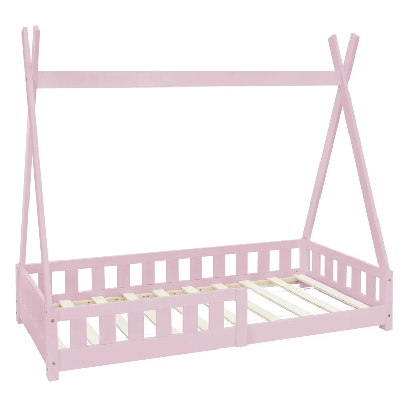 B-Ware Kinderbett Tipi 80x160 cm Rosa aus Kiefernholz mit Rausfallschutz und Lattenrost Holzbett ML-Design