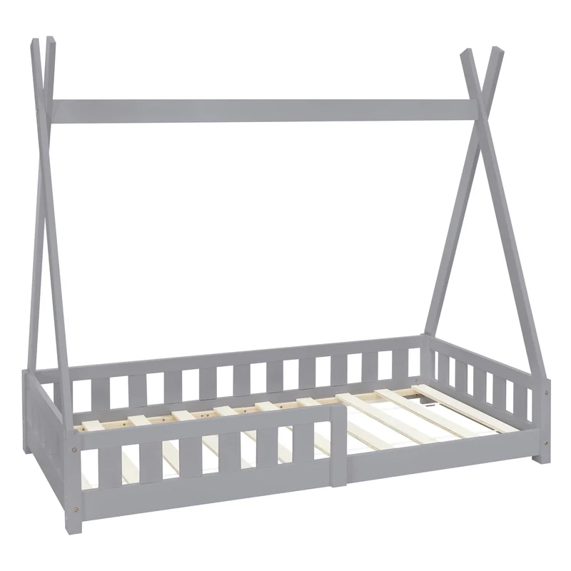B-Ware Kinderbett Tipi 80x160 cm Hellgrau aus Kiefernholz mit Rausfallschutz und Lattenrost Holzbett ML-Design