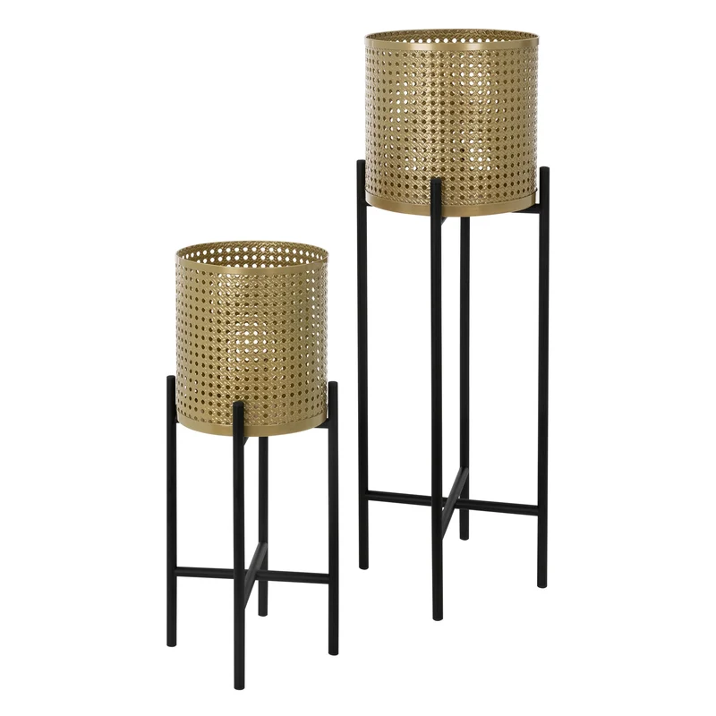 2er Set Blumenständer mit Übertopf 17x17x55/19x19x75,5 cm Schwarz/Gold aus Stahl ML-Design