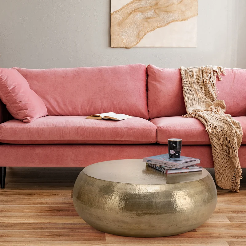B-Ware Couchtisch Ø 80x30 cm Gold aus Aluminium-Legierung in Hammerschlag-Technik WOMO-Design