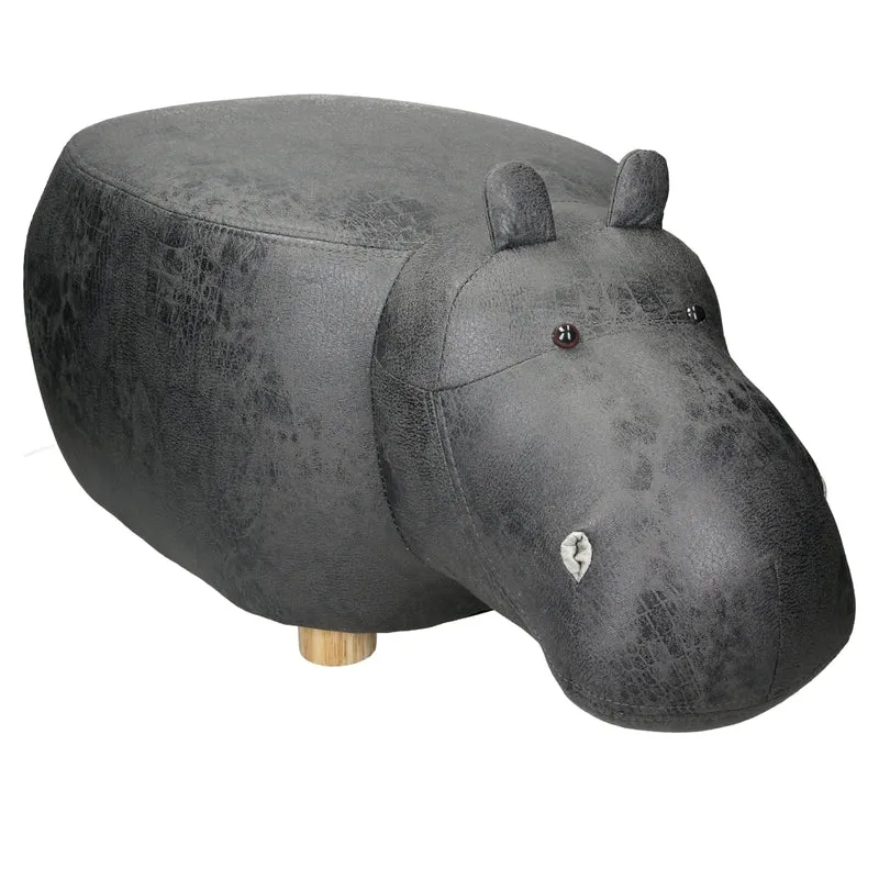 Tierhocker Nilpferd 65x33x29 cm Grau aus Kunstleder mit Holzbeine