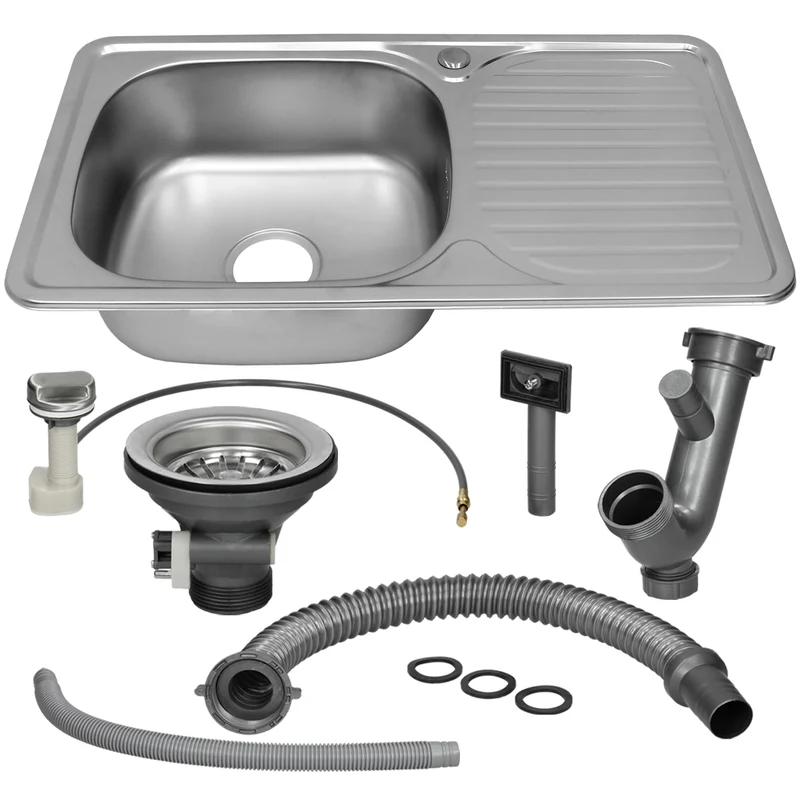 Küchenspüle 76 x 42.5 cm mit Spülbecken links Komplett-Syphon-Set, Spülmaschinenanschluss, Überlauf und Dichtband
