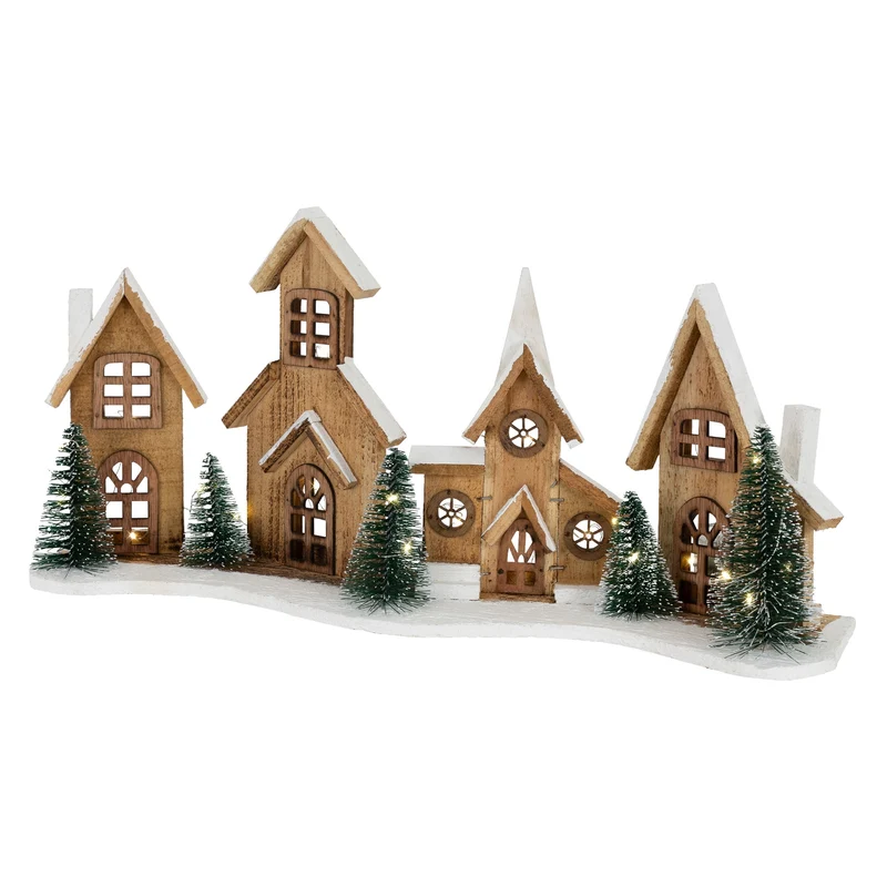 LED Weihnachtsdorf aus Holz mit 25 warmweißen LEDs batteriebetrieben mit Timerfunktion