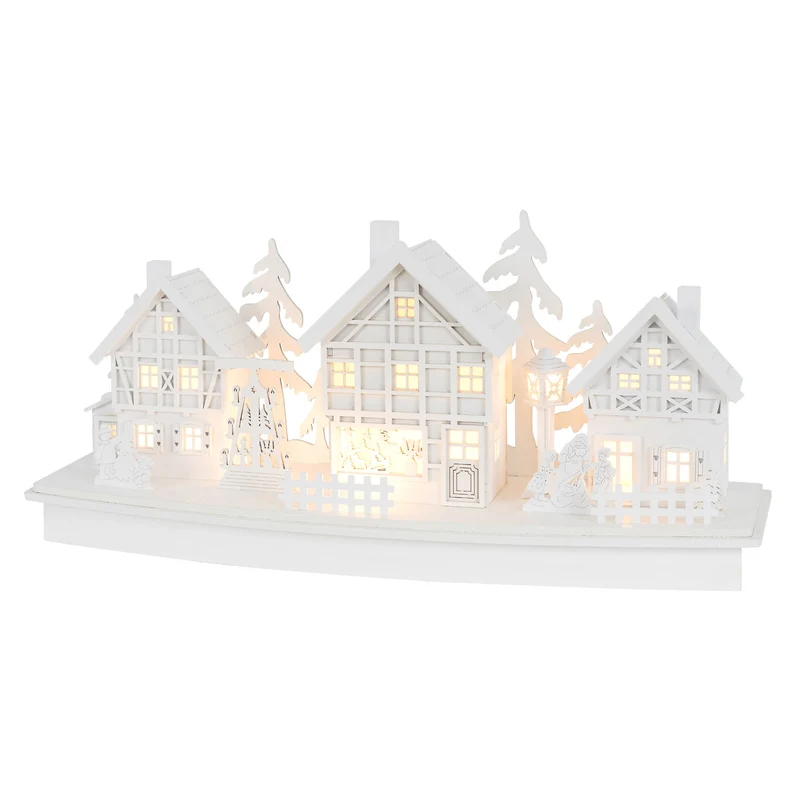 Leuchtendes Weihnachtsdorf Weiß mit warmweißer Lichterkette aus Holz Modell C