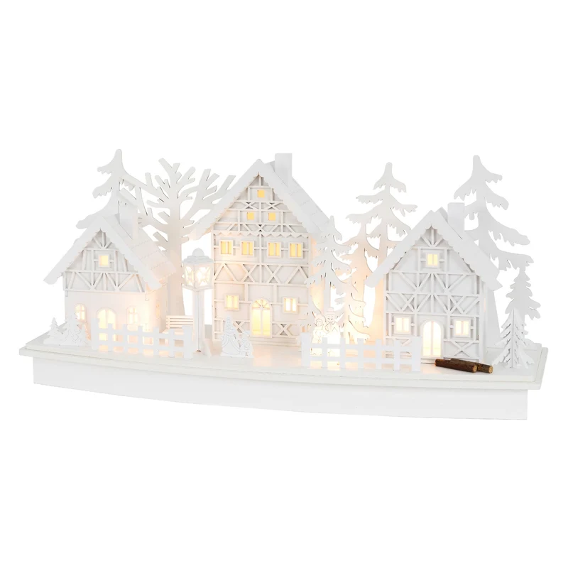 Leuchtendes Weihnachtsdorf Weiß mit warmweißer Lichterkette aus Holz Modell B