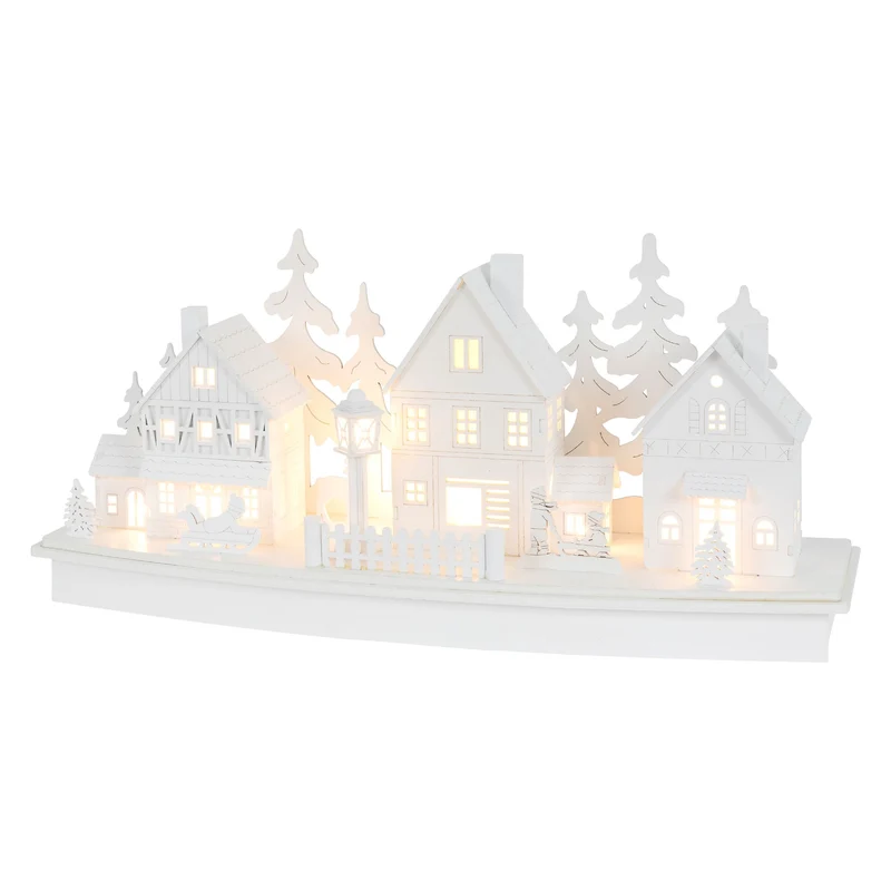 Leuchtendes Weihnachtsdorf Weiß mit warmweißer Lichterkette aus Holz Modell A