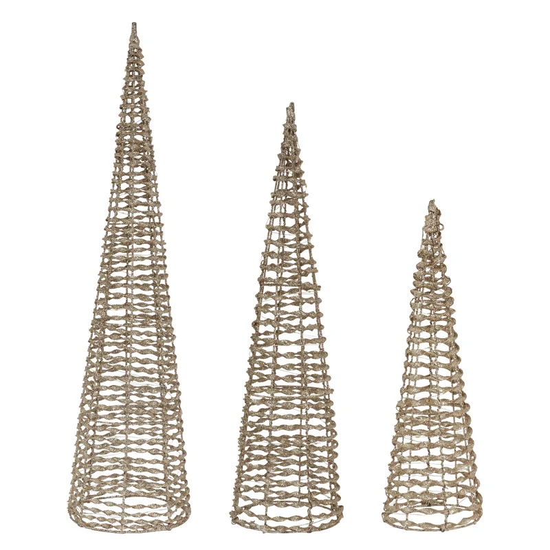 LED Pyramide Lichterkegel 3er Set 40/60 cm Gold aus Metall mit warmweißen LEDs