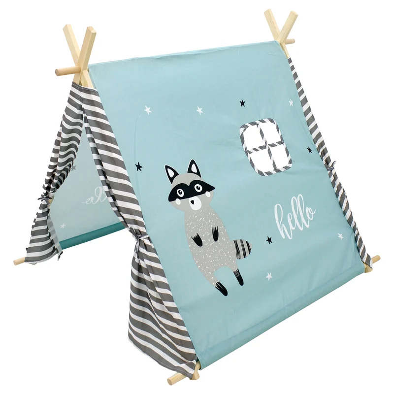 Spielzelt für Kinder mit zwei Türen und einem Fenster 117x108x105 cm türkis mit Waschbär Motiv aus Polyester