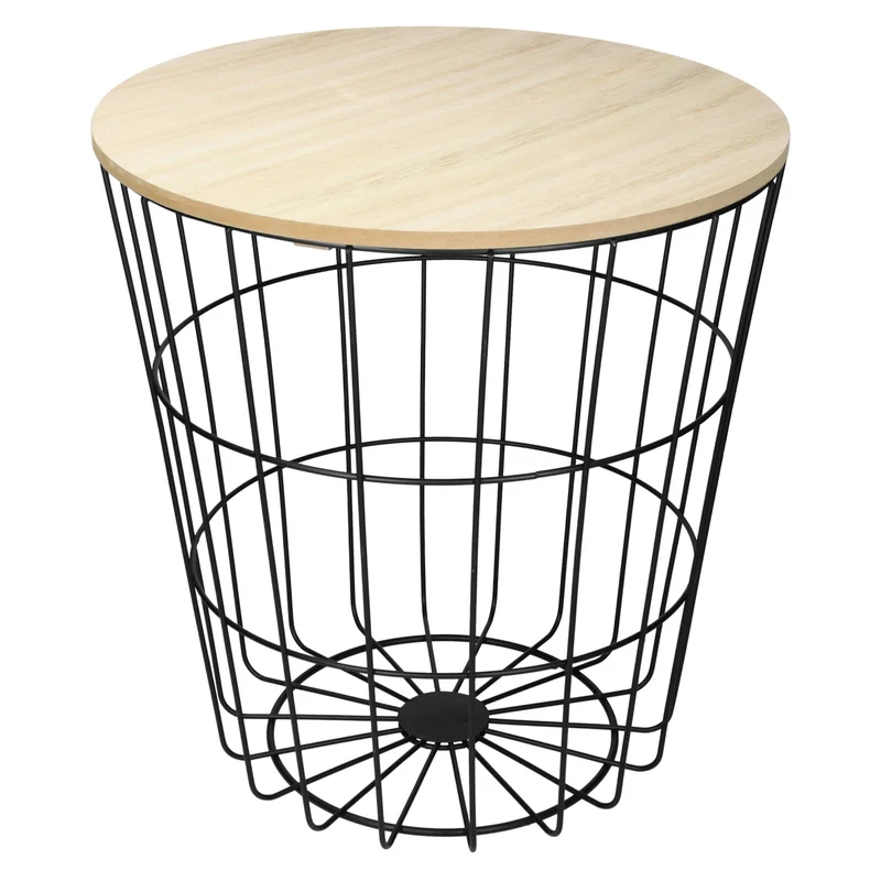Beistelltisch Rundform Ø 38,5x42 cm Schwarz/Natur aus MDF mit Metallkorb