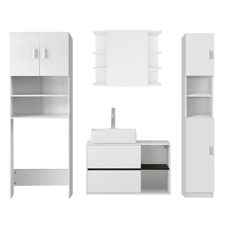 Badmöbel Badezimmermöbel Set 4-Teilig Spiegelschrank Hochschrank Unterschrank Waschmaschinenschrank in Weiß ML-Design