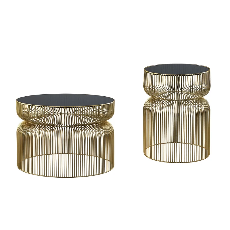 Couchtisch 2er Set Zylinderförmig Gold/Schwarz aus Eisen und Glas WOMO-Design