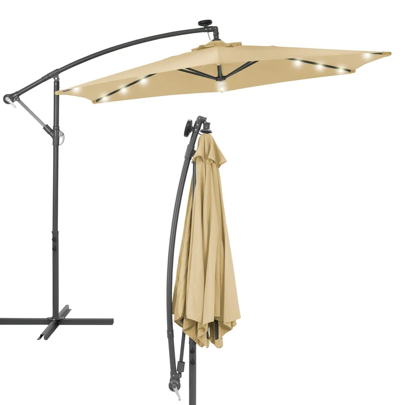 Ampelschirm mit Kurbel und Ständer inkl. LED-Solar Ø 300 cm Braun aus Polyester